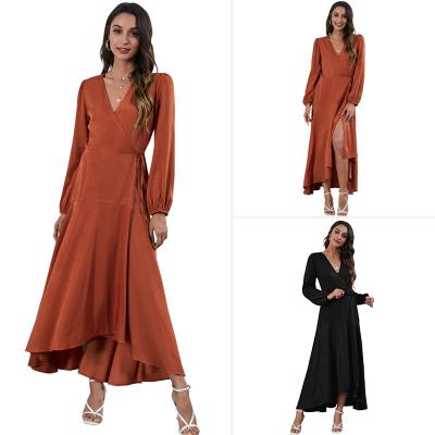 China Color Women Washable Simple V-Neckline With Slit Front Tie Edge High-Low Wrap Maxi Casual Dresses Long Sleeve for sale