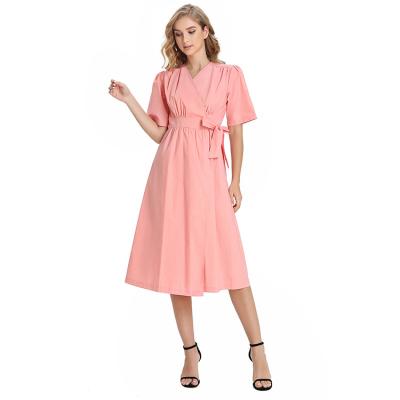 China Anti-Wrinkle Ployester 100% Plus Size Women Clothing Short Sleeve Belted Wrap Tea Length Dress for sale