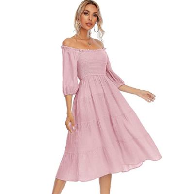 China Women's Breathable Summer Lantern Ruffled Sheath Off The Shoulder Smocked Layered Linen Dresses A Line Skirt Cotton Midi for sale