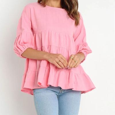 China Breathable Women Relaxed Neck Ruffle Fit Round Sleeve With Elastic Cuffs Backless Button Up Narrow Tiered Shirt Tops for sale