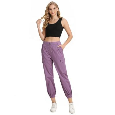 China Yunnes Lady Causal Purple Side Pocket Breathable Back Elastic Waist Belted Cargo Pants for sale