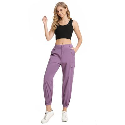 China Lady Causal Purple Side Yunnes Breathable Pocket Back Elastic Waist Belted Cargo Pants Women for sale