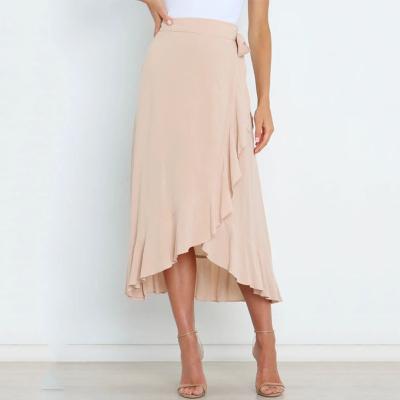 China Breathable Solid Color Self Lap Tie Waist Self Liner Ruffle Edge High Low Midi Wrap Skirt for sale