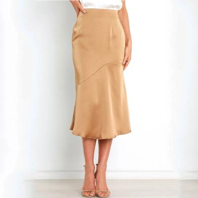 China 2021 Summer High Waist Side Zipper Plain Flare Edge Satin Breathable Midi Top Skirt For Women for sale