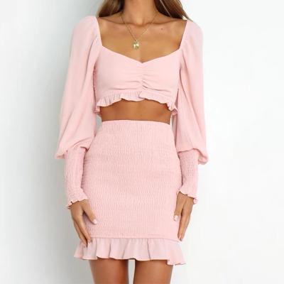 China Sweetheart Neck Cuff Long Sleeve Crop Top And Ruffle Edge Mini Skirt Two Pieces Set Breathable Sleeve Bubbled Ruffle for sale