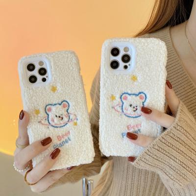 China New Women Bear Winter Cover Device Furry Plush Mobile Phone Case Cute Cartoon Shockproof White Warm Shell For Iphone 13 pro 12 11 max for sale