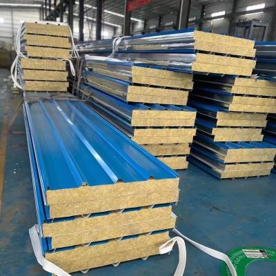 China Easy Installation Roof Tile Insulated Exterior Color Steel Roof Sandwich Panel Fire Retardant Rock Wool Sandwich Roof Panels for sale