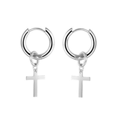 China Hot Sale Fashion Religious Earrings Round Silver Color Stainless Steel Cross Dangle Earring For Men And Boys for sale