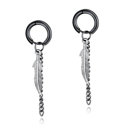 China Hot Sale Fashion Office/Career Earrings Stainless Steel Feather And Charm Chain Earring For Men And Boys for sale