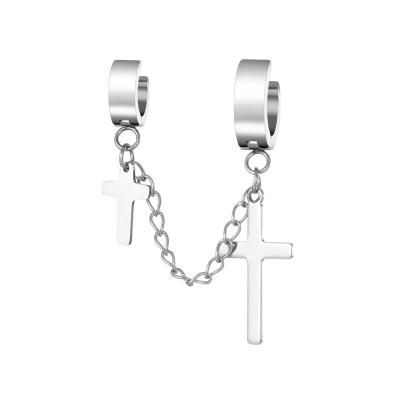 China Hot Sale Fashion Religious Earrings Round Silver Color Stainless Steel Cross Dangle Earring For Men And Boys for sale