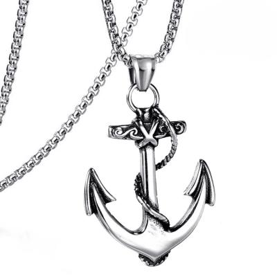 China Hip Hop Vintage Black Stainless Steel Anchor Link Necklace Mens Punk Cool Engraved Necklace for sale