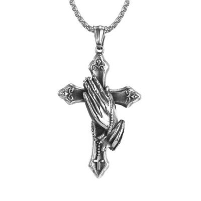 China Hiphop New Style Vintage Christian Black Pendants Necklace For Men Cross Prayer Hands Necklace for sale