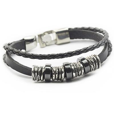 China High Quality Good Quality Black Leather Cuff Beads Silver Charm Bracelet Men For Guys for sale