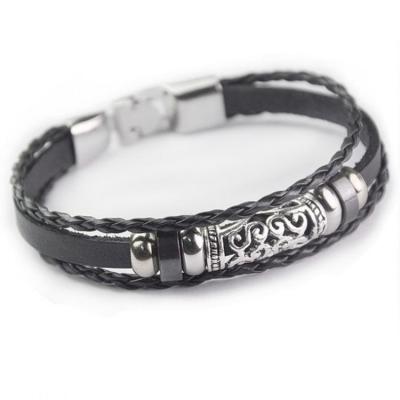 China Vintage Good Quality Black Leather Cuff Beads Silver Charm Bracelet Men For Guys for sale