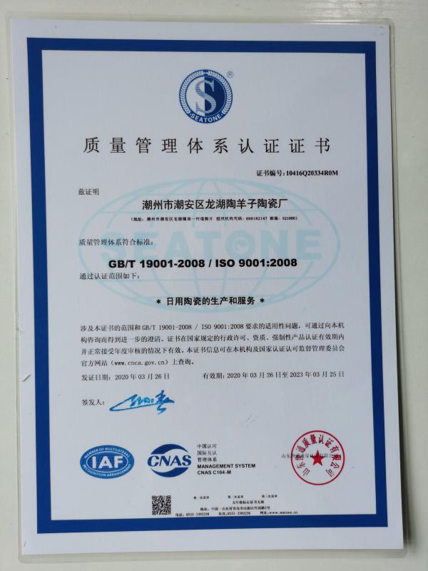 ISO9001 - Chaozhou Taoyangzi Ceramics Co., Ltd.