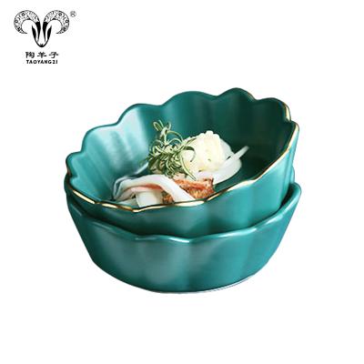 China Sustainable Gold Rim Bowl Dark Green Bowl Glazed Ceramic Fruit Salad Bowl for sale