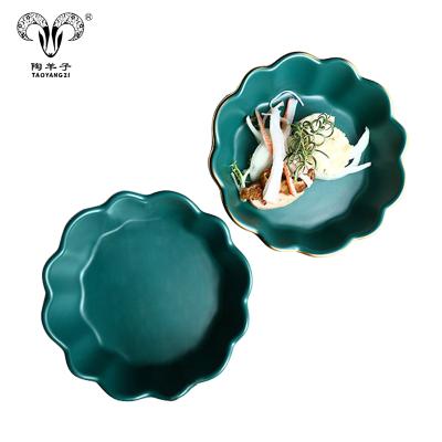 China Sustainable Gold Rim Dark Green Ceramic Bowl Fruit Salad Bowl Glazed Ceramic Bowl for sale