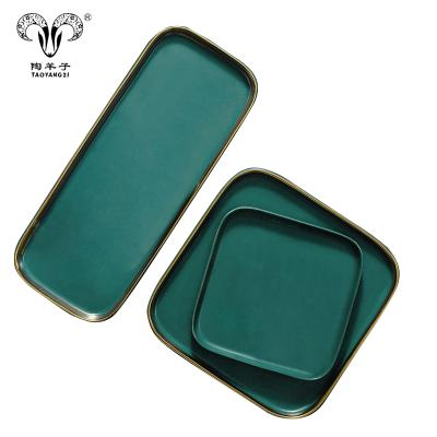 China Sustainable Square Ceramic Cake Plate Steak Plate Luster Green Peacock Solid Color Ceramic Dish for sale