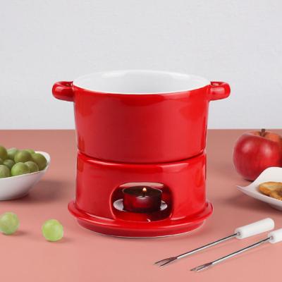 China Viable Red Ceramic Pot Fondue Burner Cheese Chocolate Fondue Set For Seafood Steak Poultry for sale