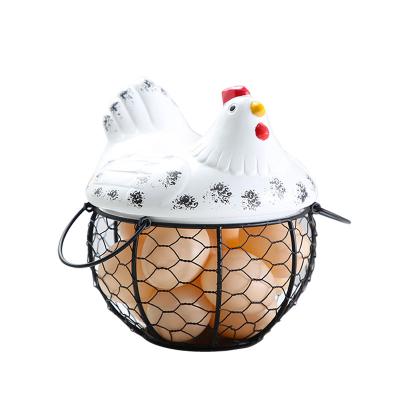 China New viable fashion round beautiful chicken shape egg basket with two handles and ceramic lid for sale