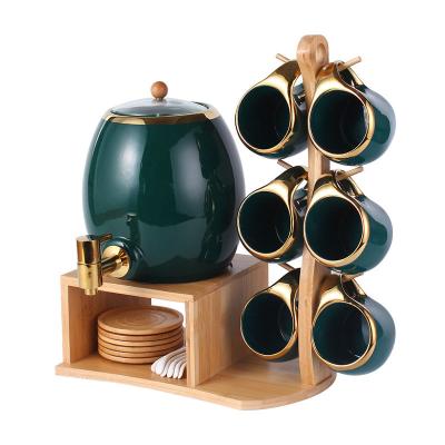 China Sustainable Home Restaurant Luxury Teapot Set 3L Water Kettles Coffee Tea Dispenser Cups Ceramic Saucers And Wooden Stand Rack for sale