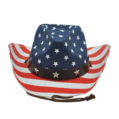 China Striped Brim Shapable Sombreros Straw Hat Painting American Flag Paper Straw Cowboy Hats for sale