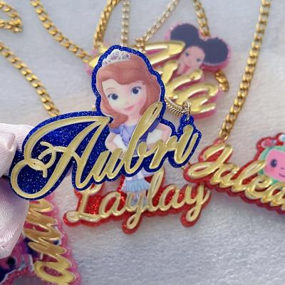 China Custom Non Tarnish Cute Acrylic Cartoon Character Name Necklace Kids Gift Pendant Personality Nameplate Child for sale