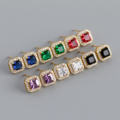 China Luxury Non Tarnish Iced Out Zircon Stud Earring Square Micro Pave Zircon 925 Sterling Silver Gemstone Earrings Women for sale