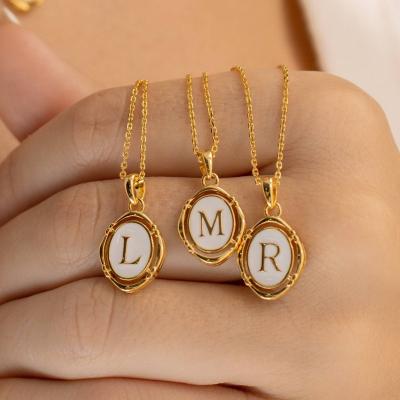 China Non Tarnish Delicate Vintage Style Oval Chain Stainless Steel DIY White Enamel 26 Letters Initial Pendant Necklaces For Women Jewelry for sale