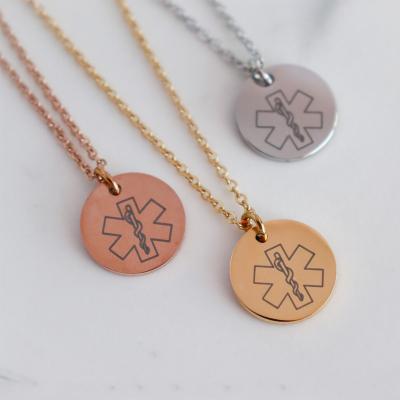 China Non Tarnish Custom Stainless Steel Non Fade Diabetes Symbol ID Emergency Tags Round Stainless Steel Medical Alert Disc Necklace for sale