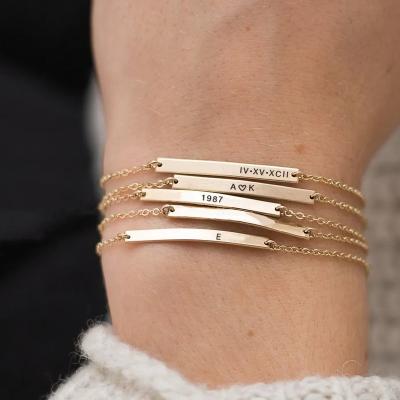 China Non Tarnish Minimalist Personalized Bracelet Custom 18k Gold Engraved Stainless Steel Bar Bracelet for Best Friend and Girlfriend Gift for sale