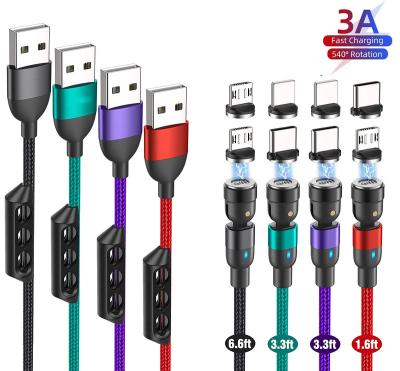 China Nylon Braided+Aluminum Alloy 1M 2M 3M 3A 540 Degree Rotation Nylon Braided Micro/USB-C/IOS Magnet Data Sync USB Charger Cord For iPhone 3 in 1 Magnetic Cable for sale