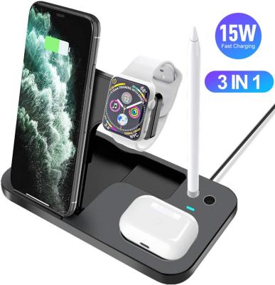 China Eco-friendly Multi Function 15W Qi Wireless Charger Dock Station 3 in 1 Cell Phone Stand Charging Stand for iPhone for Apple Watch for sale