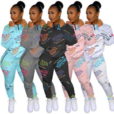 China 2021 Fashionable Dutch Graffiti Sweatsuit Equipment Von Winter Breathable Two Piece Set Clothes For Women Casual Streetwear for sale