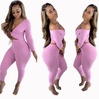 China Breathable Elegant V-Neck Cross Tie Low Belly Button Revealing Two Piece Overalls And Long Sleeve Set Club Women Rompers for sale