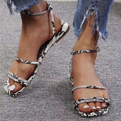 China 2021 Fashion Trend New Summer Snakeskin Women's Square Toe Strap Casual Shoes Beach Flats Double Sandals for sale