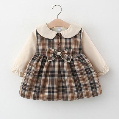 China New Anti-static Baby Kids Girls Fall Winter Plaid Dress Girls Plus Velvet Bow Princess Long Sleeve Casual Turn-down Collar 2 Piece Set Dress for sale