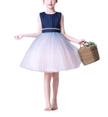 China Sleeveless Fancy Tulle Sapphire Blue Pink Gauze Bow Kids Children Birthday Party Baby Dress Anti-Static Navy Tops Boutique Fabric for sale