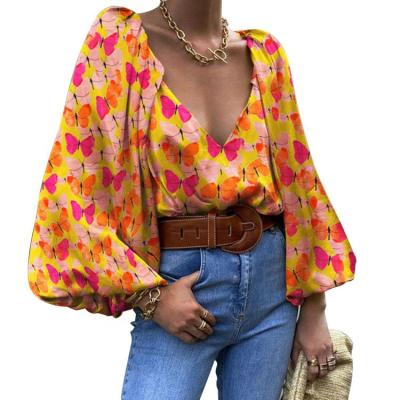 China New Bubble Print Butterfly Stain Anti-Shrink Sleeve V-Neck Autumn Spring Shirt Women's Casual Shirt for sale