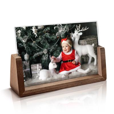 China Fashionable Clear Acrylic Picture Frames 2 Sides Clear Acrylic Photo Frame With Wooden Base for sale