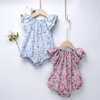 China Summer Breathable Sleeveless Elastic Neckline Fly Dress Floral Baby Romper For Toddler Kids for sale