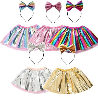 China Breathable Children's Performance Kids Clothes Girls Birthday Party Dress Short Metallic Tutu Skirts With Headwear for sale