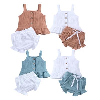 China Wholesale Comfy Breathable Muslin Baby Clothes Kids Little Girls Summer Condole Short Belt Boutique Clothing Sets for sale