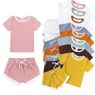 China Wholesale Comfortable Breathable 100% Cotton Baby Kids Girls Boys Summer Boutique Clothing Sets Toddler Girls Ribbed Shorts Set for sale