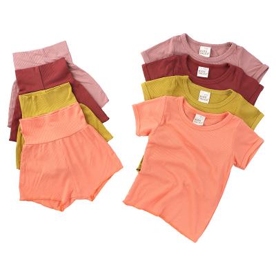 China Wholesales Breathable Kids Clothing Set 100% Cotton Fabric Toddler Baby High Waist Ribbed Comfy Pajamas Short Set For Kids for sale