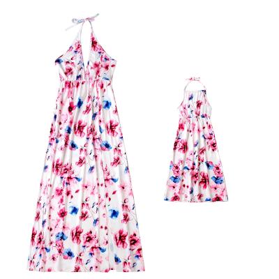 China 2022 Summer Fashions Floral Mother Daughter Matching Backless Slit Off The Shoulder Mommy And Me Dresses For Girls for sale