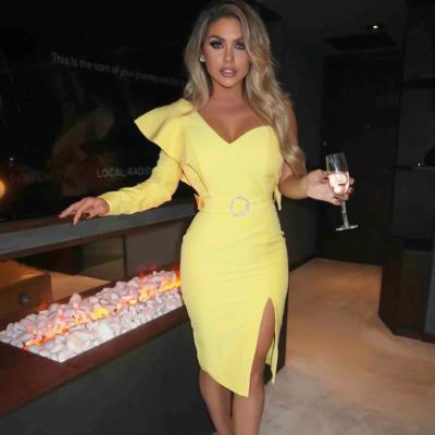 China F2225 One Shoulder Belt Bandage Anti-Static Dress One In The Evening Yellow Cocktail Long Sleeve Dress for sale