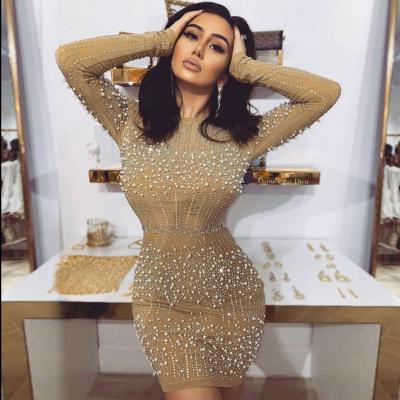 China Women F2210 luxury anti-static beading nude khaki studded mesh strethcy night dress for sale