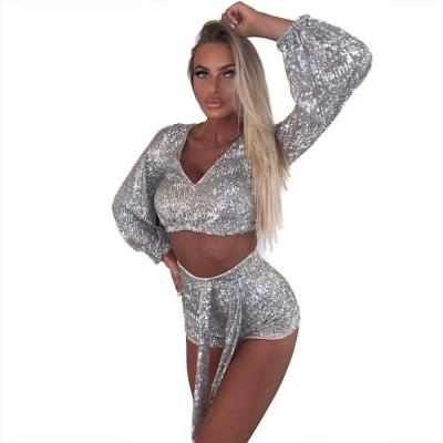 China Night Club Sequin Anti-wrinkle Silver Dress Dress 2 Piece Set Crop Tops Shorts F2040 for sale