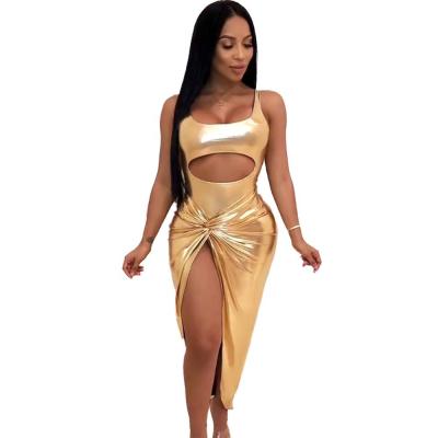 China Anti-wrinkle women bandeau dress in gold glitter running metallic jumpsuit and wrap skirt 2 pieces set F1821 for sale